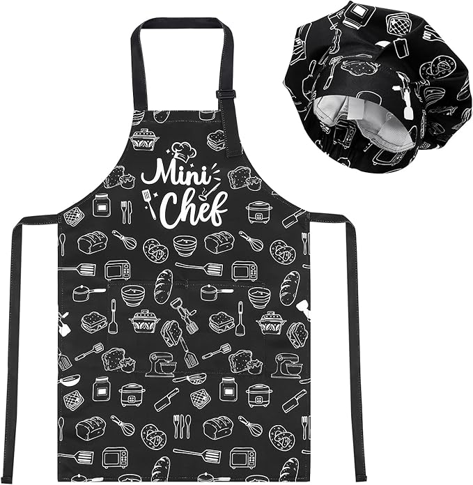 Kids Apron and Chef Hat Set, Funny Apron with 2 Pockets, Adjustable Kids Aprons for Cooking for Boys and Girls