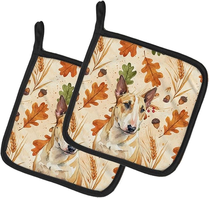 Caroline's Treasures Miniature Bull Terrier Heirloom Fall Pair of Pot Holders Pair 7.5x7.5 Quilted Insulated Hot Pads Decorative Kitchen Gift Made in USA