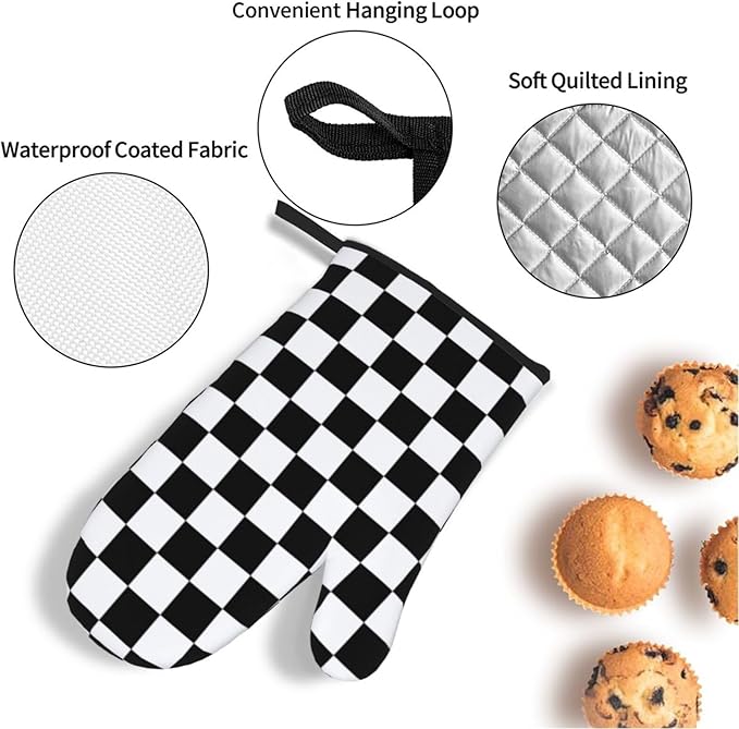 Checkered Black and White Plaid Oven Mitts and Pot Holders Set of 4,Heat Resistant Non-Slip Potholders Oven Gloves and Pad for Kitchen Cooking Baking Grilling BBQ