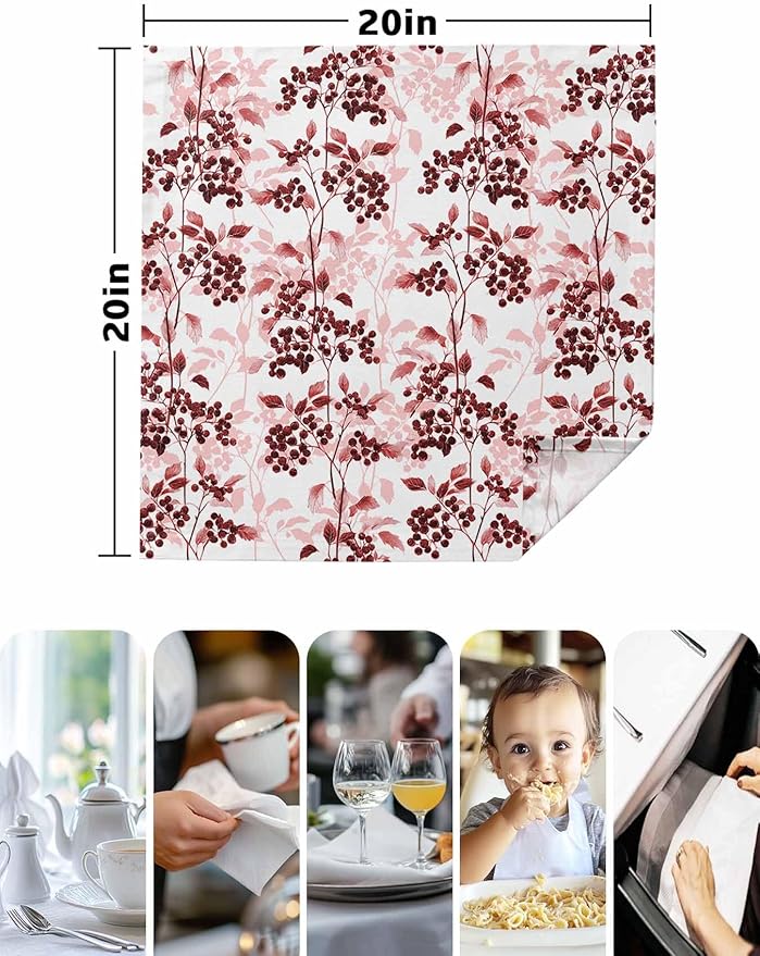 Red Herb Cloth Napkins Set of 6 - Washable Dinner Napkins Reusable Table Napkins for Home Party Weeding Dining Table Setting Decoration,Oversized Floral Watercolor Spring Summer Wild Flower Plant