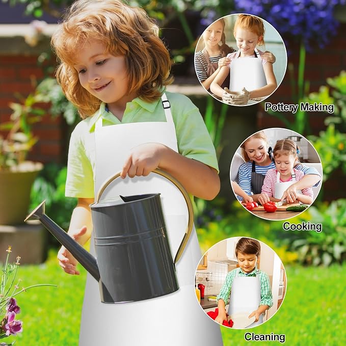 PLULON 8 Pcs Kids Aprons with 2 Pockets Painting Aprons for Kids Aprons Bulk, Paint Apron Adjustable Children Chef Aprons for Girls Boys Painting Baking Cooking Crafting - White