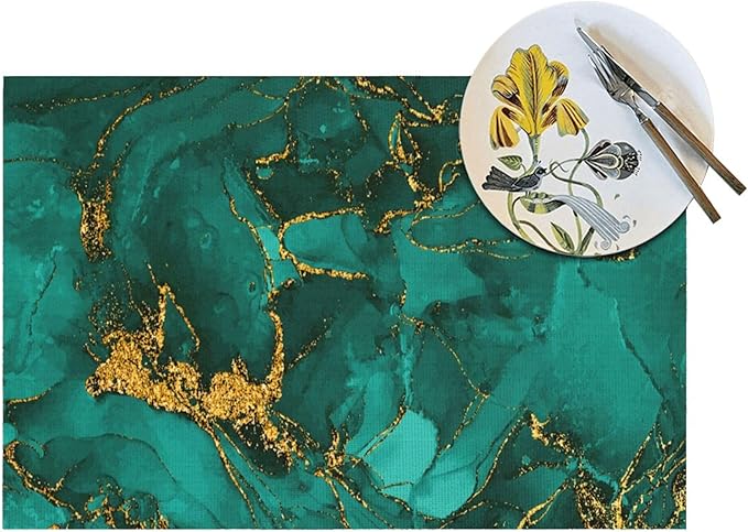 Turquoise Marble Decorative Placemats Set of 4, Emerald Dark Green Table Mats for Kitchen Holiday Party Modern Farmhouse Home Decor 12x18 Inch