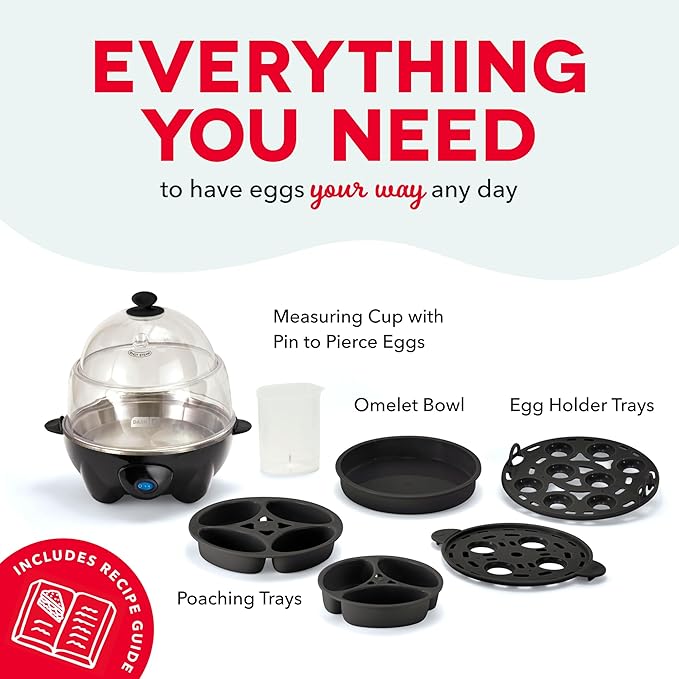 Dash Deluxe Egg Cooker - Boiler, Poacher & Steamer - Includes Measuring & Recipe Guide - Dishwasher Safe - BPA Free - Holds 12 Eggs, Black