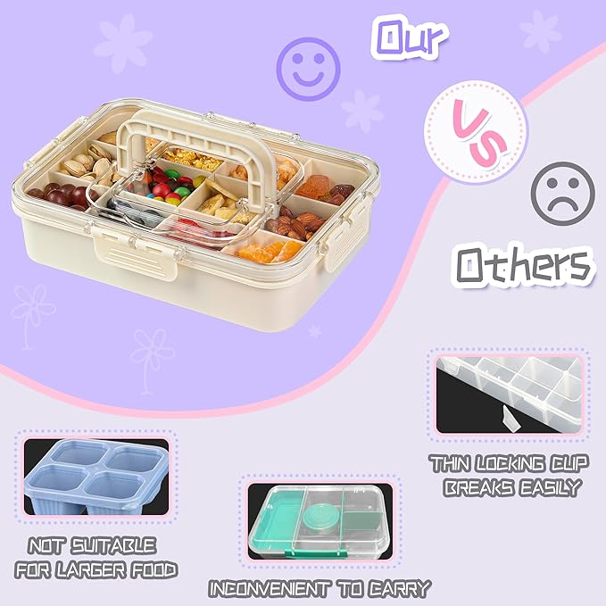 Xyptorix Snack Box Container for Kids - Adjustable 12-Compartment Snack Containers, Reusable Bento Box, Dishwasher Safe, BPA-Free, Perfect for School, Travel, Camping & Picnic, Ivory White