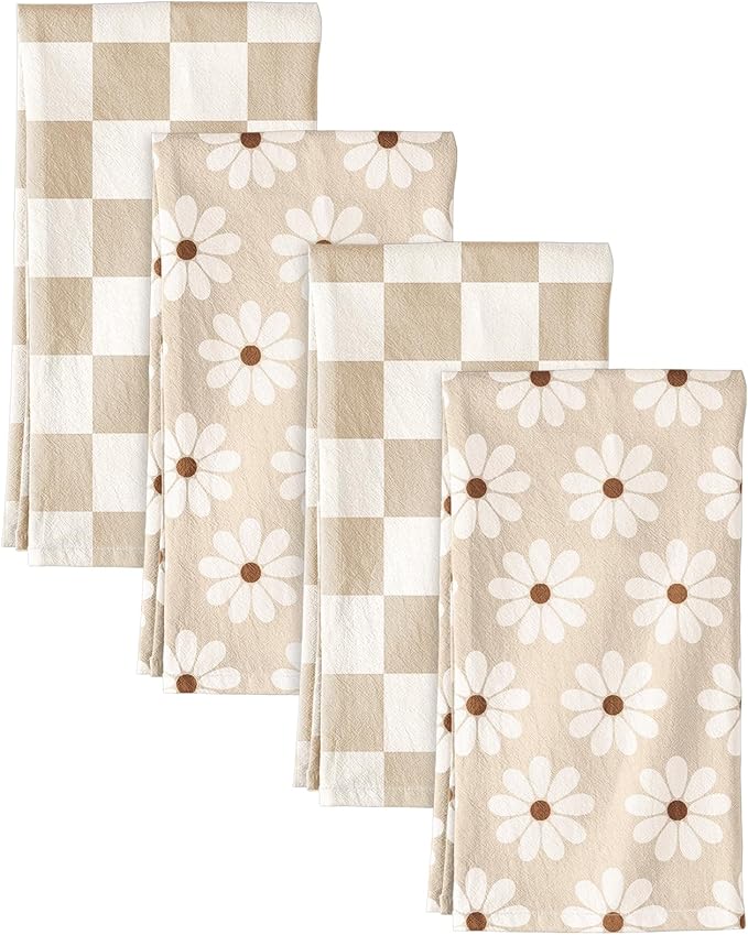 Miss Adola 4pcs Flour Sack Kitchen Towels - 16x26 Inch Cotton Dish Towels Set of 4 with Hanging Loop Reusable Geometric Boho Modern Retro Tea Towel Absorbent Dishcloths Home Decor, Beige Plaid Daisy
