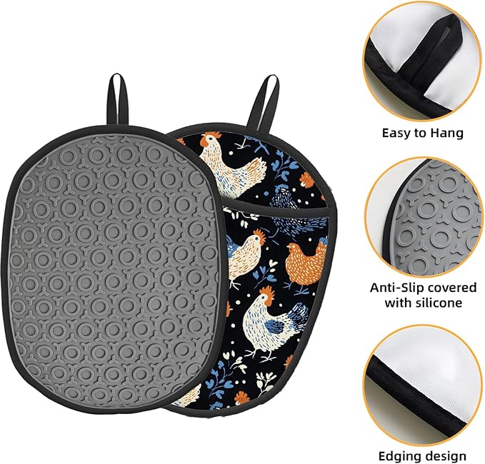 Chicken Silicone Pot Holders Set of 2, Heat Resistant up to 500°F, Non-Slip Kitchen Hot Pads with Pocket and Soft Quilted Cotton Lining for Baking, Cooking and Hot Pots