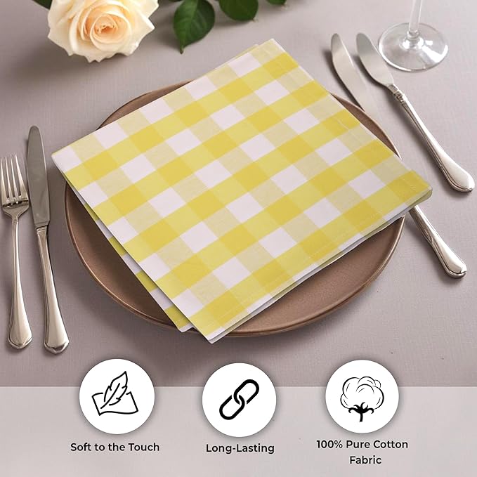 Urban Villa Cotton Dinner Napkins Set of 6, Highly Absorbent 20x20 Inches Premium Cloth Napkins Hotel Quality Reusable & Washable Table Dinner Napkins for Home & Weddings - Yellow/White, Checks