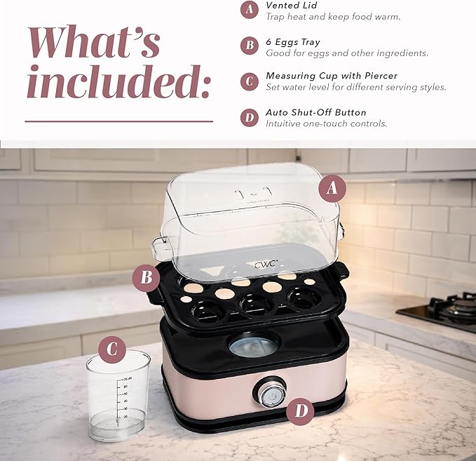 COOK WITH COLOR 6-Egg Capacity Egg Cooker – For Soft, Medium, Or Hard-Boiled Eggs, Rapid Cook Time, Auto Shut-Off & Boil-Dry Protection – Includes Tray, Measuring Cup & Lid – 210W Egg Maker, Pink