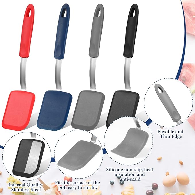 Gejoy 4 Pcs Silicone Cookie Spatula Turner Mini Brownie Spatula Flexible Silicone Spatulas Nonstick Cookware Heat Resistant No Scratch Flipper Baking Utensils for Egg Pancake(Gray, Blue, Black, Red)