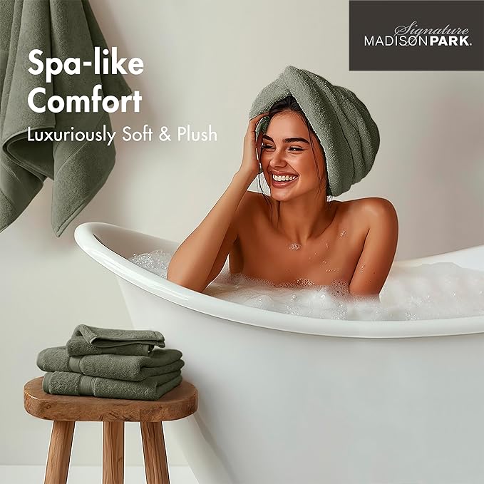 Madison Park 800GSM Bathroom Towel Set of 8 100% Cotton Bath Towel Set for Bathroom Luxurious Highly Absorbent 2 Bath Towels 2 Hand Towels 4 Washcloths Quick Dry Spa Quality Olive Green