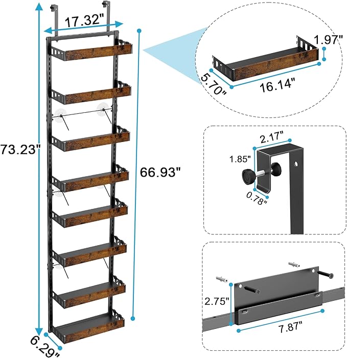 bukfen Over the Door Pantry Organizer, 8-Tier Adjustable Wooden Basket Kitchen Pantry Door Organization and Storage, 2 in 1 Wall Mount or Hanging Heavy-Duty Metal Hanging Kitchen Spice Rack, 1 Pack
