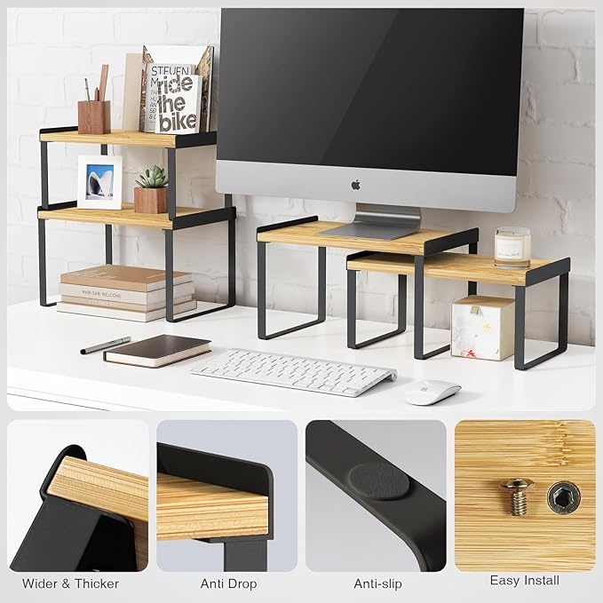 Goozii Kitchen Cabinet Organizer Shelf Set of 4, Pantry Organizers and Storage Shelves for Plates Dishes Cups Mugs, Cupboard Counter Cabinet Shelf Riser for Countertop (Bamboo Wood and Black Metal)