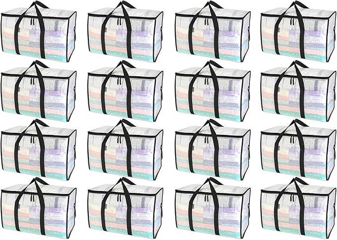 BALEINE 16-Pack Oversized Moving Bags with Reinforced Handles, Heavy-Duty Storage Tote for Clothes, Moving Supplies (Clear, 16-Pack)
