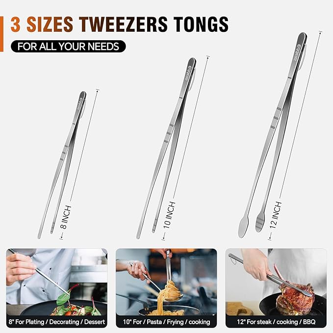 Eddeas Kitchen Tweezers Tongs, Cooking Tweezers Stainless Steel - 3 Size 12'' 10'' & 8 inch Ideal for Meat, pasta, plating and pinching delicate small pieces of food, Set of 3