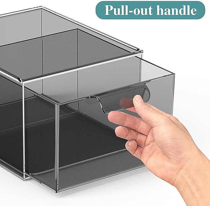 SpaceHacks 4 Pack Stackable Makeup Organizer and Storage, Acrylic Organizers，Clear Plastic Storage Drawer with Pull-Out Handles for Vanity, Undersink, Kitchen Cabinets, Pantry, Black