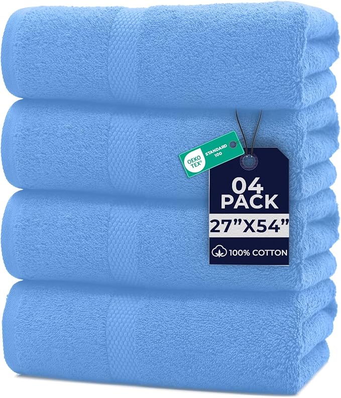 DAN RIVER Bath Towels Set of 4, 27 x 54 Inches, 100% Cotton, Larger & Lighter Weight, Quicker to Dry, Super Soft and Absorbent, Ideal Cotton Towels for Bathroom for Daily Use, Medium Blue