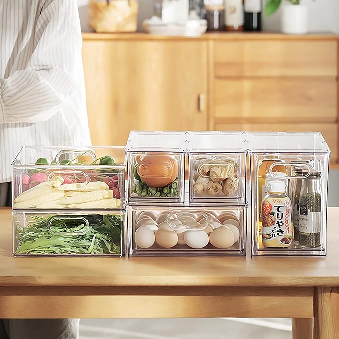 MineSign 4 pack Stackable Fridge Drawers Pull-Out Bins Divided Produce Saver Containers for Refrigerator Storage Organizers for Veggie Fruit Berry Pantry Cabinet Makeup Clothes