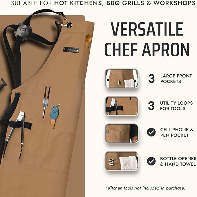 Asaya Chef and BBQ Apron with Bottle Opener and Hand Towel - 10oz Cotton Canvas, Stainless Steel Hardware - Cross Back Straps