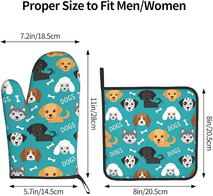 Dogs and Bone Oven Mitts and Pot Holders Green Background Heat Resistant Oven Mitts Safe for Baking Cooking BBQ