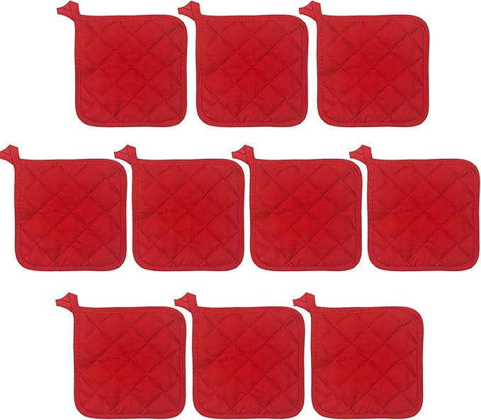 Lobyn Value Packs Economical Lightweight Bulk Potholders Ten (10) Pack Everyday Quality 6.5" Square Perfect for Craft Projects Brite Red