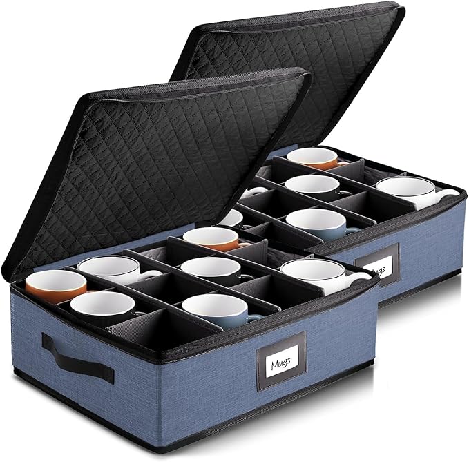 Coffee Mug Storage, 2 Pack Quilted and Stackable Coffee Cup Storage Organizer for Service of 24, Mug Storage Box with Dividers, China Containers Hard Shell for Moving and Organization, Blue