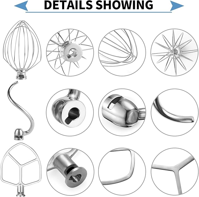 Stainless Steel 3 Piece kit Attachments，Dough Hook 6 Wire Whisk Flat Beater Compatible with KitchenAid 5 Plus -6QT Mixer，Bowl Lift Stand Mixer Accessory，Rust Resistant，Dishwasher Safe