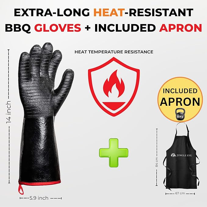 Jungle Eye 932°F Heat Resistant BBQ Grill Gloves: Neoprene Non-Slip Waterproof Heat & Oil Resistance for Grilling, Smoker, Cooking, Frying & Oven, 14" Long Sleeve Barbecue Gloves, Apron Included