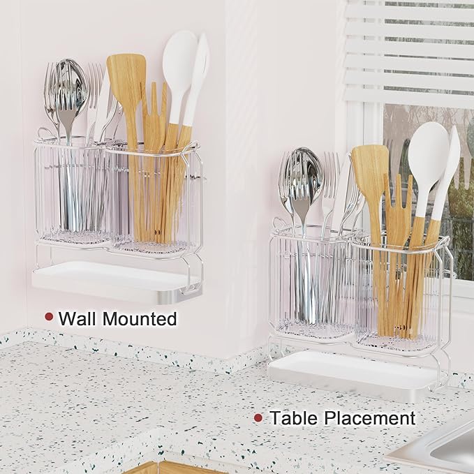 Kitchen Utensil Holder Wall Mount, 6.7" Silverware Holder for Kitchen Countertop, Utensil Drying Holder with Drain Tray for Silverware,Spatula (Silver)