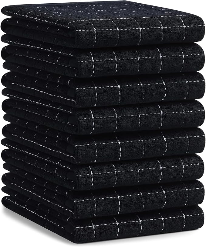 Homaxy 100% Cotton Terry Kitchen Towels(Black, 20 x 28 inches), Checkered Designed, Soft and Super Absorbent Dish Towels, Large 8 Pack