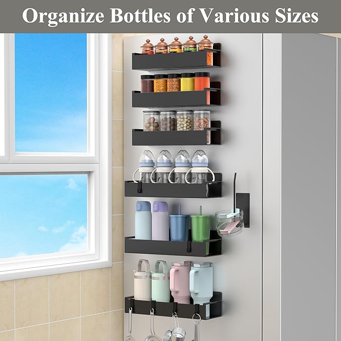 HuggieGems Magnetic Water Bottle Holder for Refrigerator, Cup Holder Organizer for Stanley and Tumbler for Kitchen, 6 Pack, Black