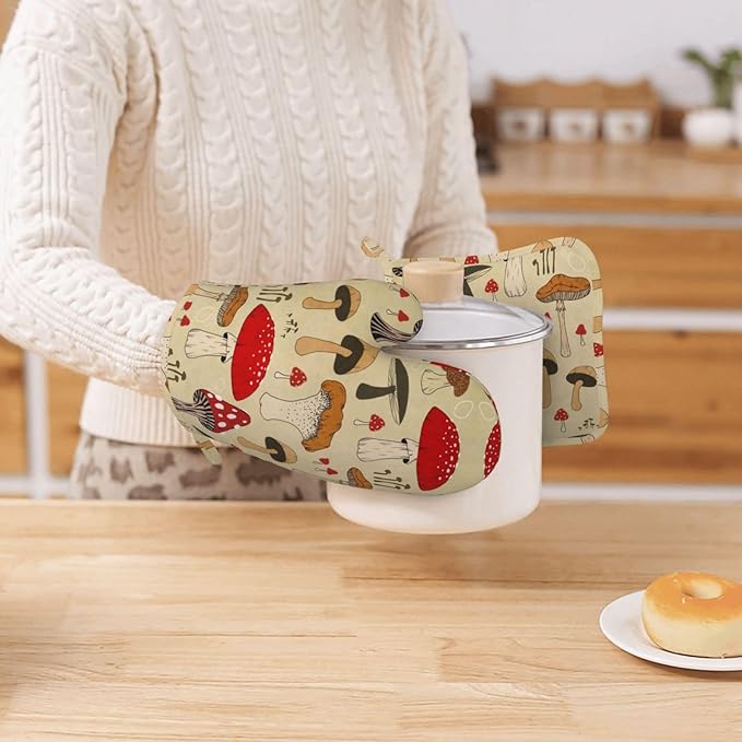 Vintage Mushroom Art Oven Mitts and Pot Holders Set of 2 Silicone Heat Resistant Oven Mitten Potholders Non Slip Gloves Kitchen Decor for BBQ Cooking Grilling Baking