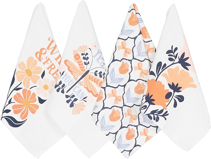 Ritz 100% Cotton Kitchen Towels, Tulips Peach Spring – 16"x26" – Absorbent Dish Towels for Drying & Cleaning – Soft & Durable (Set of 4)
