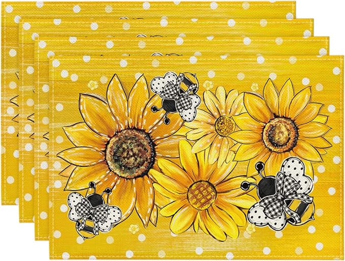 Artoid Mode Sunflower Bee Flower Polka Dot Summer Placemats Set of 4, 12x18 Inch Spring Table Mats for Table Runner Party Kitchen Dining Decoration