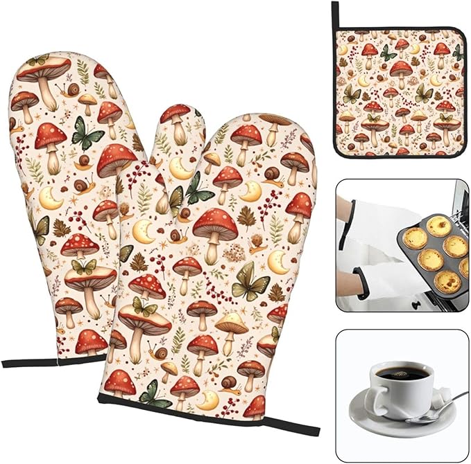 Mushroom Pot Holders and Oven Mitts Set, Botanic Farmhouse Potholders and Oven Mitts for Baking Cooking Grilling BBQ, Mushroom Gifts for Women Chef Baker