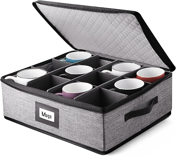 Hearth & Harbor Coffee Mug Storage, Quilted and Stackable Coffee Cup Storage Organizer for Service of 12, Mug Storage Box with Dividers, China Containers Hard Shell for Moving and Organization, Grey