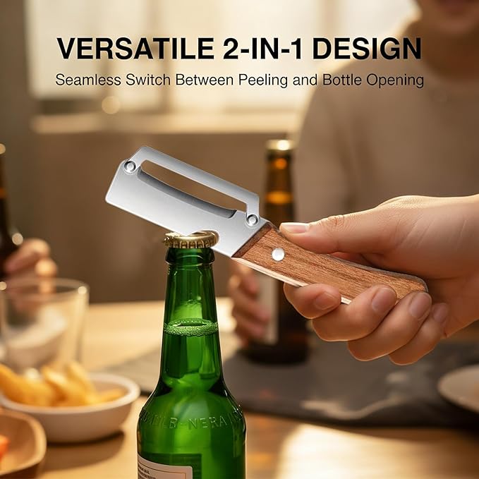 2026 Upgrade 2-in-1 Vegetable Peeler with Bottle Opener, Stainless Steel Peeler for Kitchen with Wooden Handle, Multifunctional Potato Peeler for Fruit Veggie Pumpkin Sugarcane Papaya Carrot (3pcs)