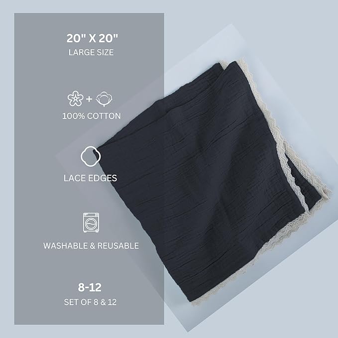 FINGERCRAFT Dinner Cloth Napkin Cotton Muslin Double Gauze 12 Pack with Classic Lace for Everyday Use, Wedding, Party, Christmas, Easter Napkins Cloth are Pre Shrunk and Good Absorbency Black