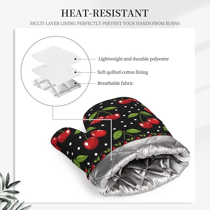 Cherry Print Silicone Oven Mitts Set of 2, Heat Resistant up to 500°F, Kitchen Oven Gloves with Non-Slip Grip and Soft Cotton Lining for Baking, Cooking and BBQ