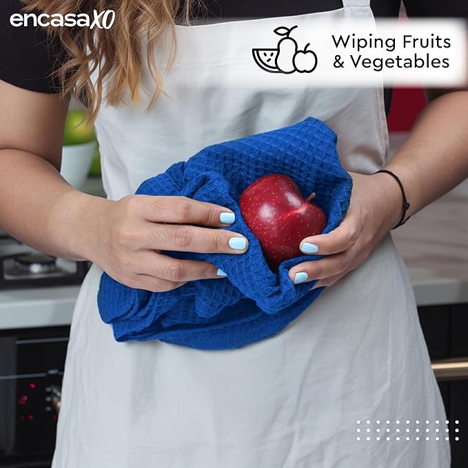 Encasa XO Kitchen Dish Towels Set | Blue | Waffle Weave and Flat Hand Tea Towel | 28"x18" | Quick Drying Reusable Cotton Washcloths | Multipurpose Lightweight Dishcloths Set of 4