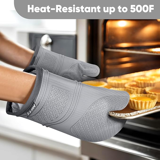 Silicone Oven Mitts, Heat Resistant Oven Gloves with Quilted Liner, Waterproof & Non-Slip Kitchen Mittens for Baking Cooking BBQ, 500°F, 12.5"-Light Gray