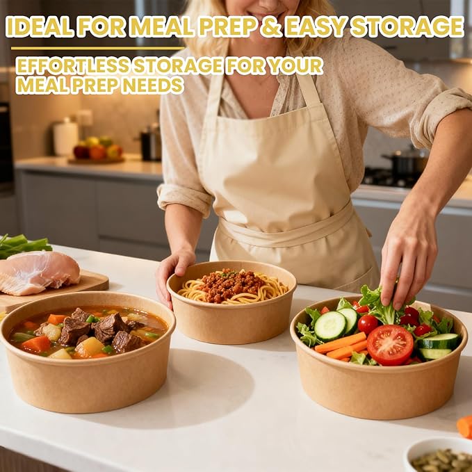 50 Count 34 oz Disposable Meal Prep Containers with Lids, Soup Serving Bowls Disposable Paper Bowls | Microwave-Safe | for Party, Takeout, Gatherings, Outdoor Meals
