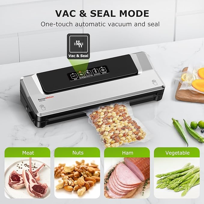 Bonsenkitchen Vacuum Sealer Machine | Compact Food Sealer for Kitchen Storage & Meal Prep | Multiple Modes | External Vacuum System | 5 Bags, Silver