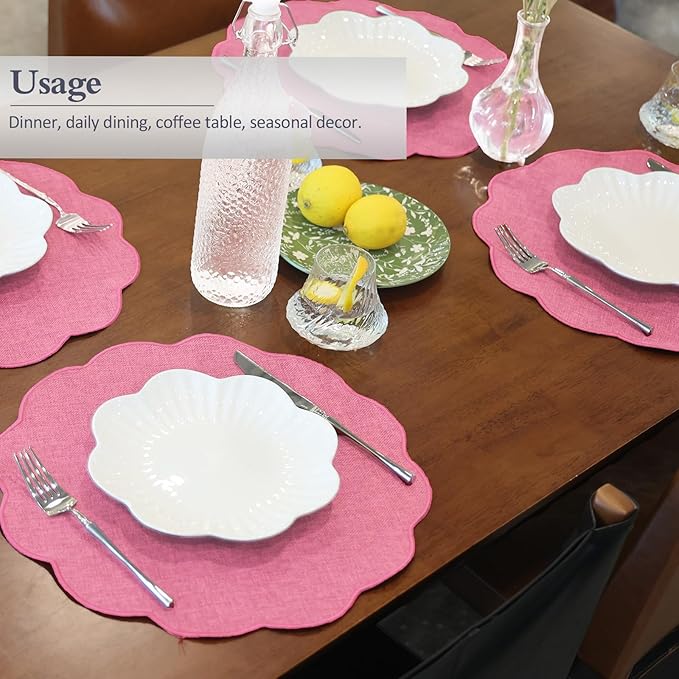 AHHFSMEI Round Faux Linen Placemats Set of 6 Heat Resistant Non-Slip Stain Proof Table Mats for Kitchen Dining Elegant Decor Place Mats (6, Pink)