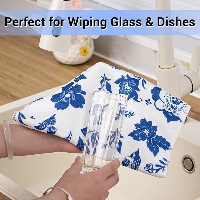 YUA Microfiber Cleaning Cloth 12 Pack,Microfiber Towels Cleaning,Microfiber Towels for Cars,Absorbent Dish Washing Cloth,Reusable Cleaning Cloths Lint Free (Blue Floral Deer)