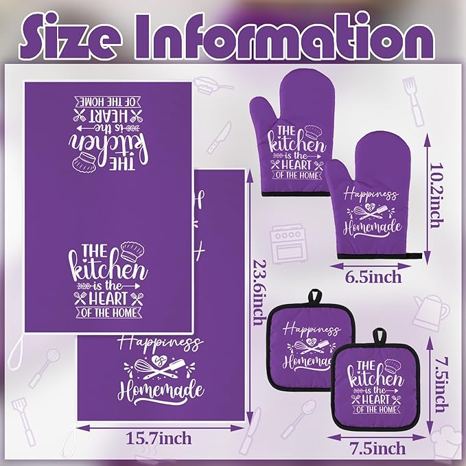 Sratte 6 Pcs Kitchen Decor Accessories Set Farmhouse Towels Pot Holders Oven Mitts Set 2 Dish Towels 2 Potholders 2 Cooking Mittens Oven Glove for Christmas Baking Cooking (Purple,Kitchen)