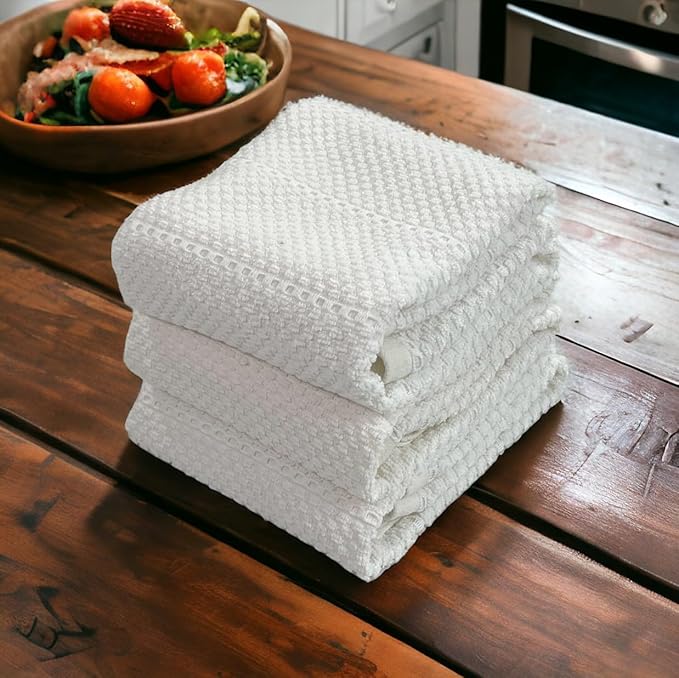 Serafina Home White Kitchen Hand Dish Towels: 100% Cotton Cloth Soft Cleaning Drying Absorbent Textured Terry Loop, Set of 3 Multipurpose for Everyday Use