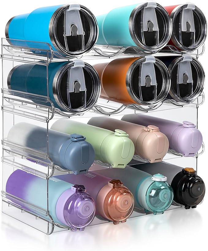 spospo Stackable Water Bottle Organizer, Large Compartment Water Bottle Holder, 4 Tier Clear Water Bottle Organizer for Cabinet, Bottle Rack for Kitchen Organization and Storage - Hold 16 Bottles