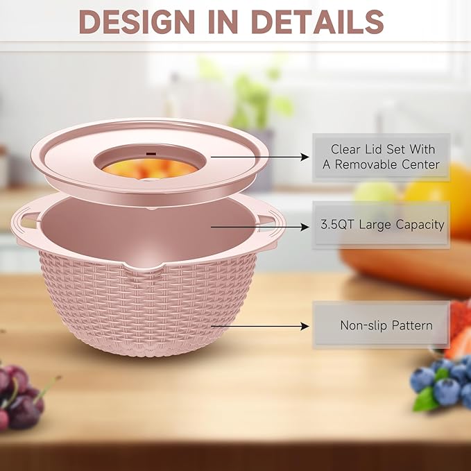 4-1 Colander with Bowl & Spoons Set - Food Strainer with New Upgraded Graters & Spoons - Colanders for kitchen(Patented) - Strainer for Fruit Pasta Veggie, Funny Presents for Women, Pink