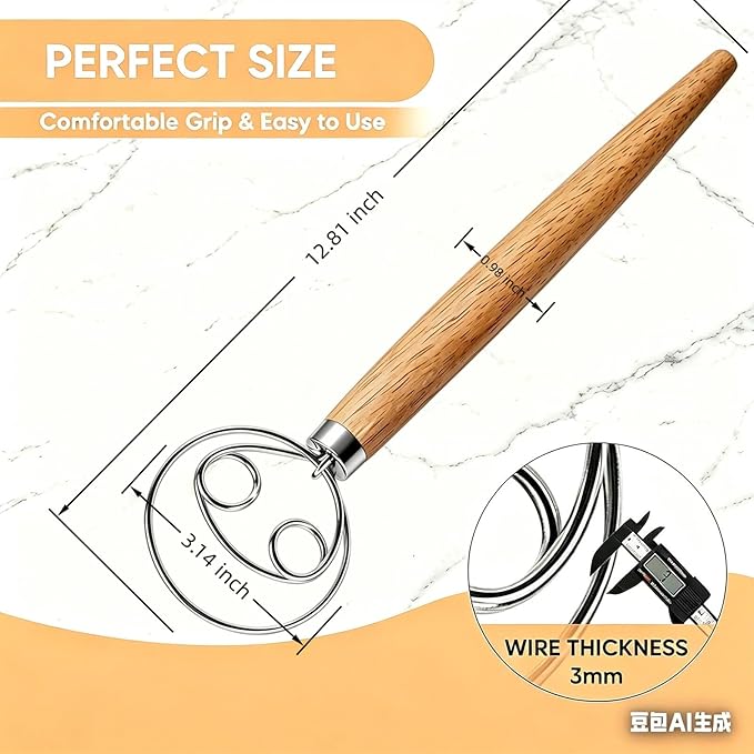Maxjoy Danish Dough Whisk Stainless Steel Wooden Handle for Sourdough Bread Baking