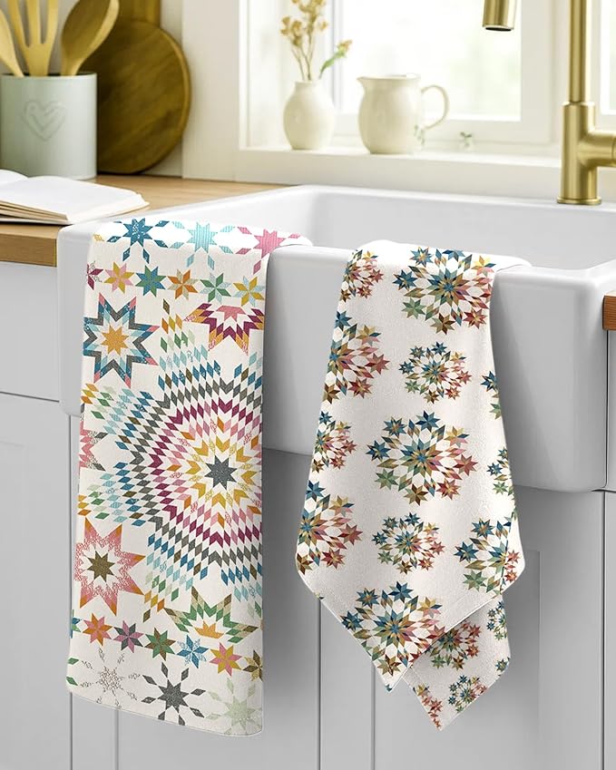 Miss Adola 2 Pack Flour Sack Kitchen Towels - 16x26 Inch Cotton Dish Towels with Hanging Loop Reusable Geometric Boho Modern Retro Tea Towel Absorbent Dishcloths Home Decor, Starburst Design
